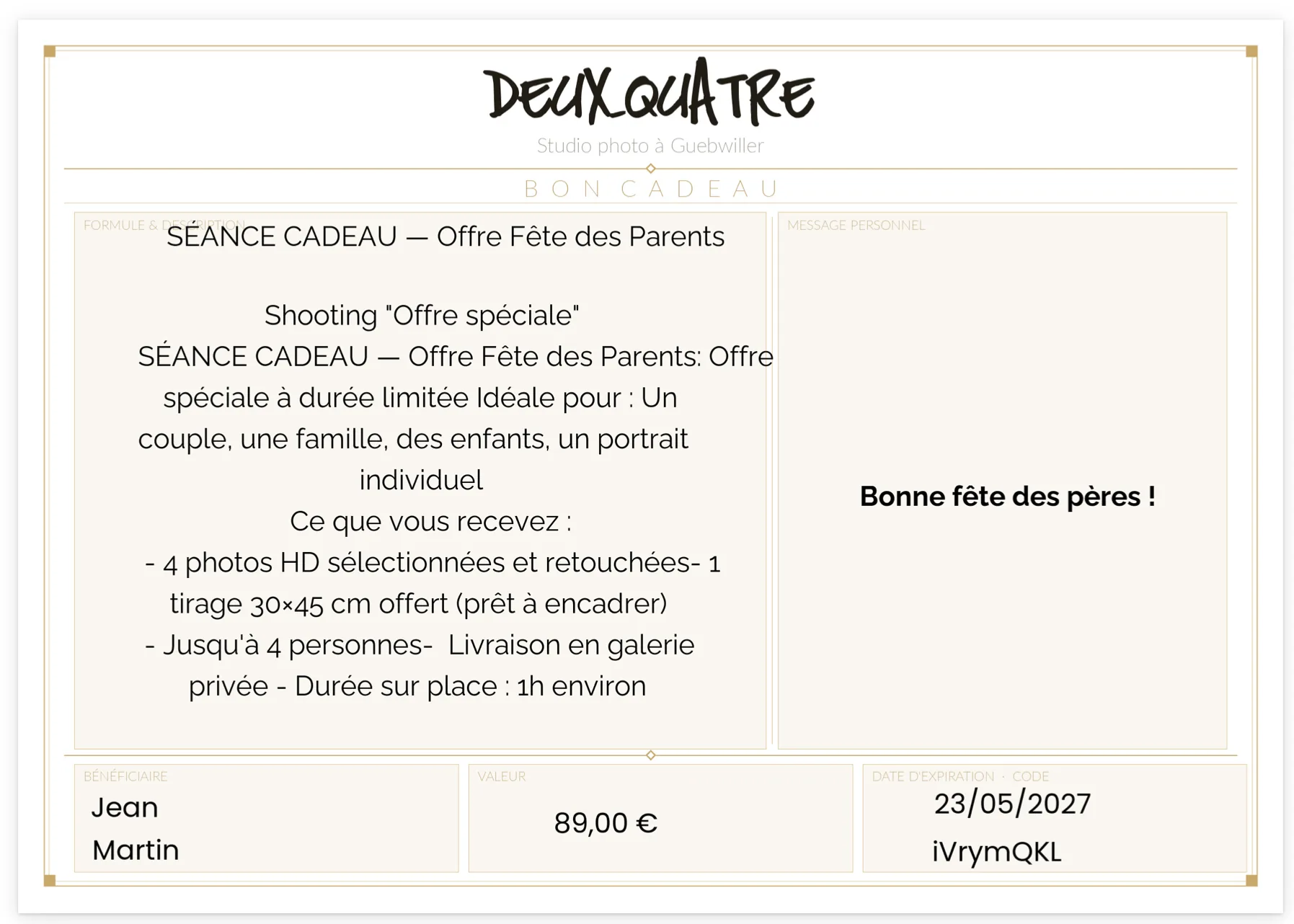 Bon cadeau photo numérique Studio Deux-Quatre