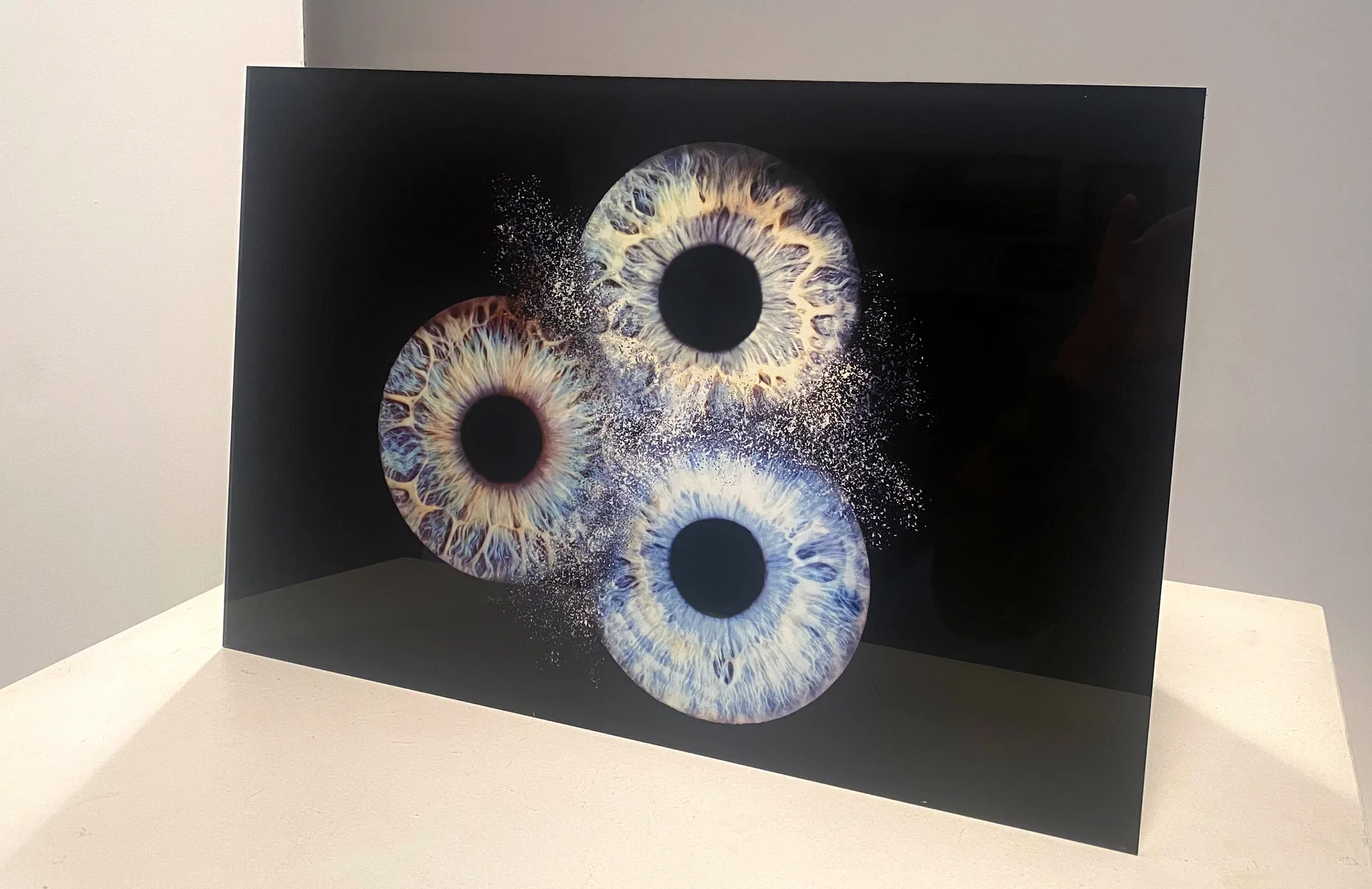 Tableau acrylique 30×45 cm — montage 3 iris sur fond noir, accroché au mur